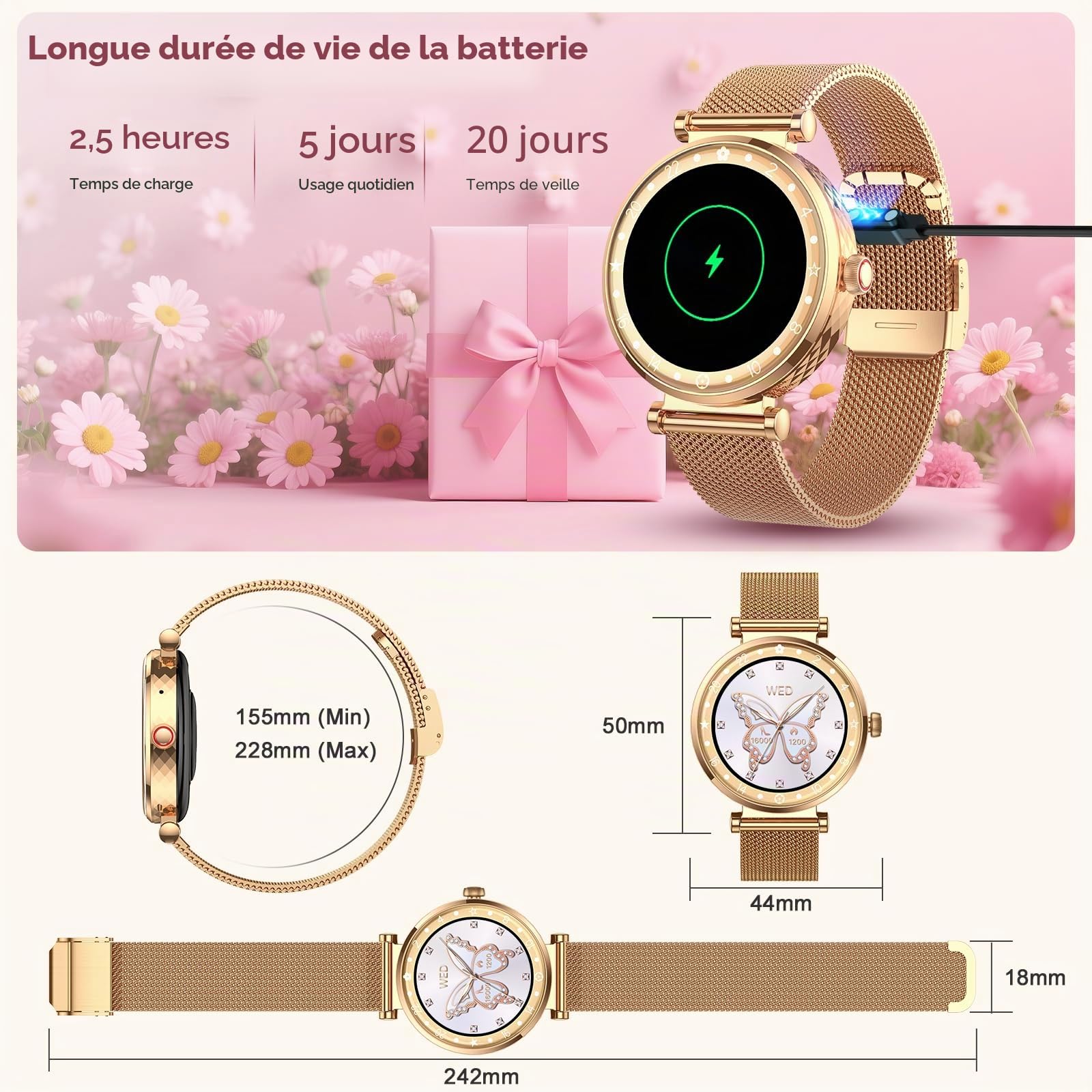 Montre Connectée Femme AMOLED Ultra-fin 1.19" Smartwatch Santé Cycle Menstruel SpO2 Suivi du Sommeil 110+ Modes Sport IP68 Étanche Bluetooth Appel Android iOS