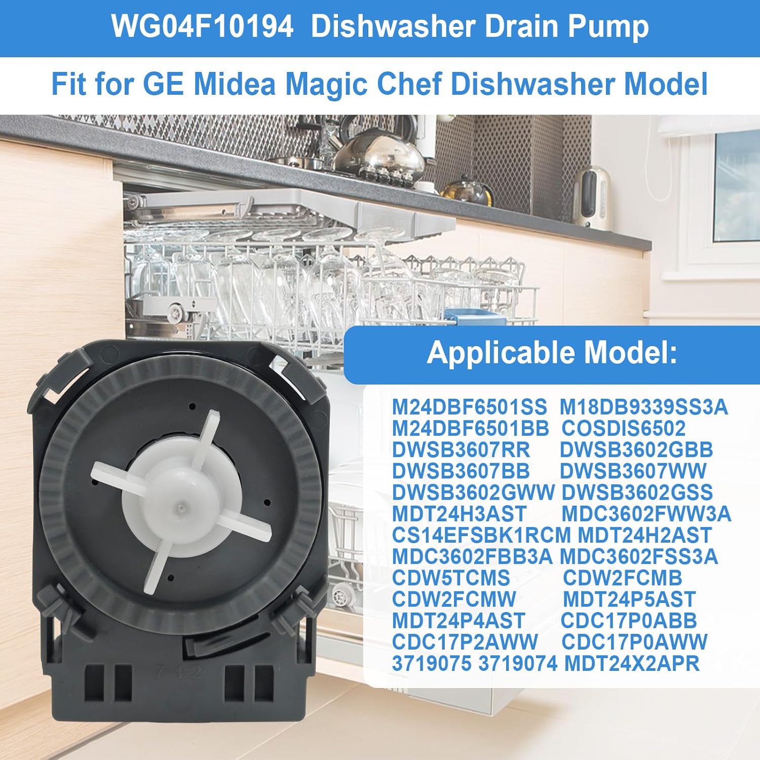 2718B Dishwasher Drain Pump Assembly Replacement for GE WG04F10194 Compatible with Midea Magic Chef Dishwasher 11001011000221 120V 60Hz