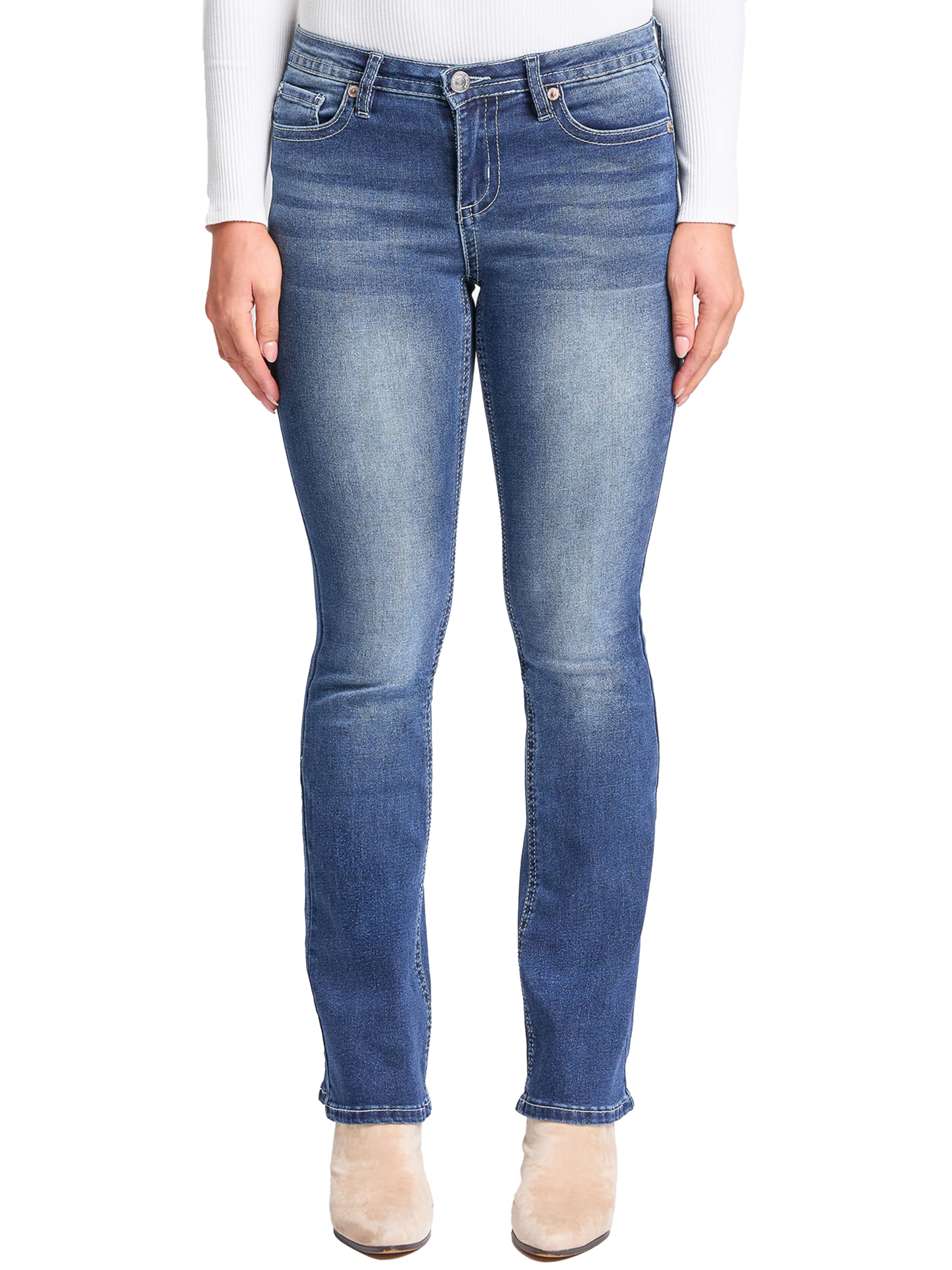 YMI Women's Mid Rise Clean Hem Premium Stitch Bootcut Jeans