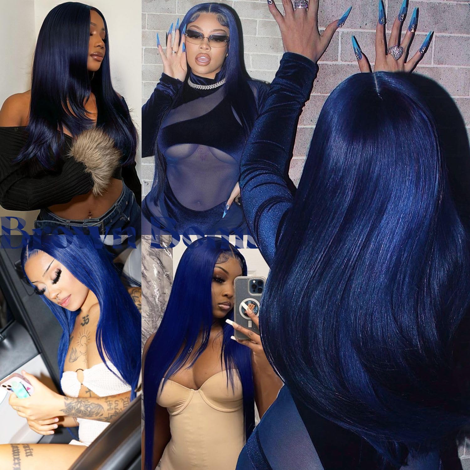 Dark Blue Wear and Go Glueless Wigs Pre Plucked Pre Cut for Beginners Synthetic Lace Front Wig for Woman Long layered Straight Wigs with Bangs 26 Inch 3 Seconds to Wear for Beginners
