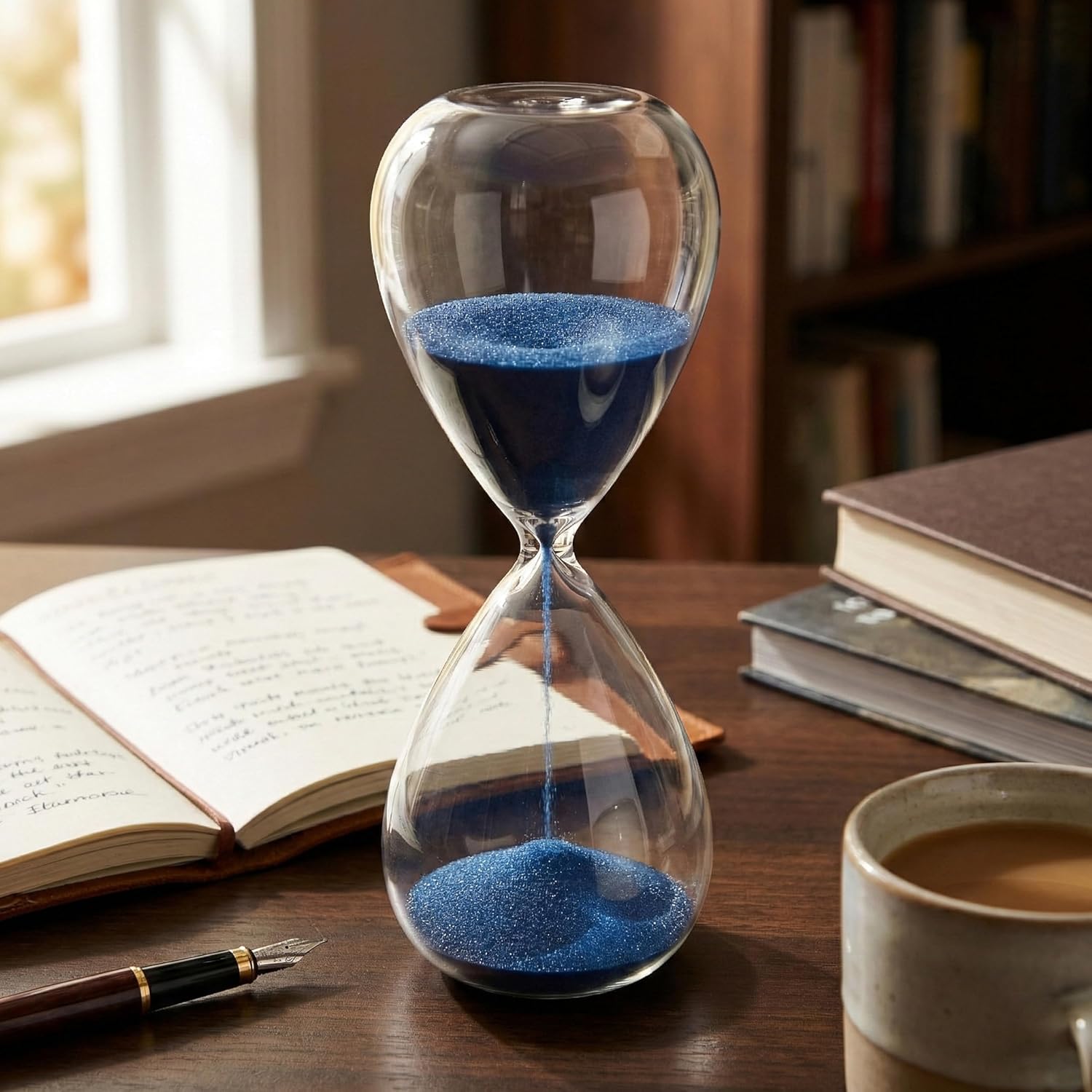 Bey-Berk 90-Minute Crystal Sand Timer with Navy Blue Sand, 5" L x 5" W x 14" H