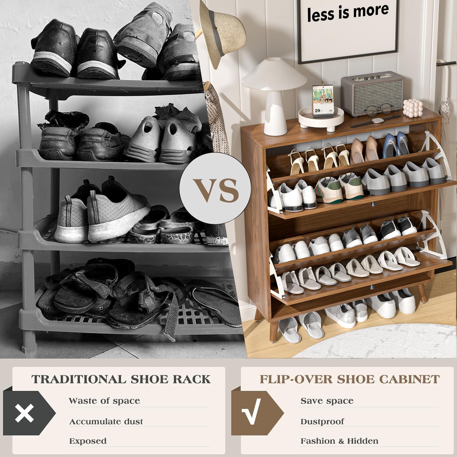 Fsbecl Shoe Storage Cabinet for Entryway with 2 Fluted Flip Drawers, Walnut | Narrow Design, Freestanding Shoe Rack with Adjustment Shelves, Wooden Hidden Organizer for Hallway Foyer, 12-16 Pairs