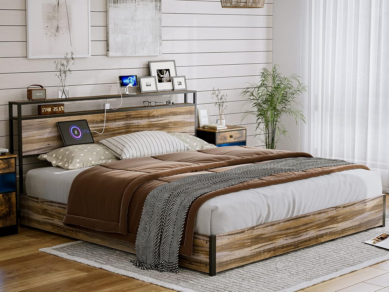 IKIFLY King Size Lift Up Storage Bed, Metal King Platform Bed Frame with 2-Tier Storage Shelf Headboard & Charging Station, Solid Wood Slats, No Box Spring Needed, Easy Assembly, Wood Brown