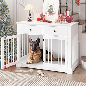 48'' Dog Crate Furniture, Farmhouse Dog Kennel Furniture with Dog Bowl & Storage Drawers, Heavy Duty Dog Cage End Table for Medium Small Dogs, White