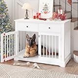 Dog Crate Furniture, 44 Inch Wooden Dog Kennel Indoor with 2 Storage Drawers, Heavy Duty Large Crate Furniture, Decorative End Table Cage Furniture for Small/Medium/Large (White)