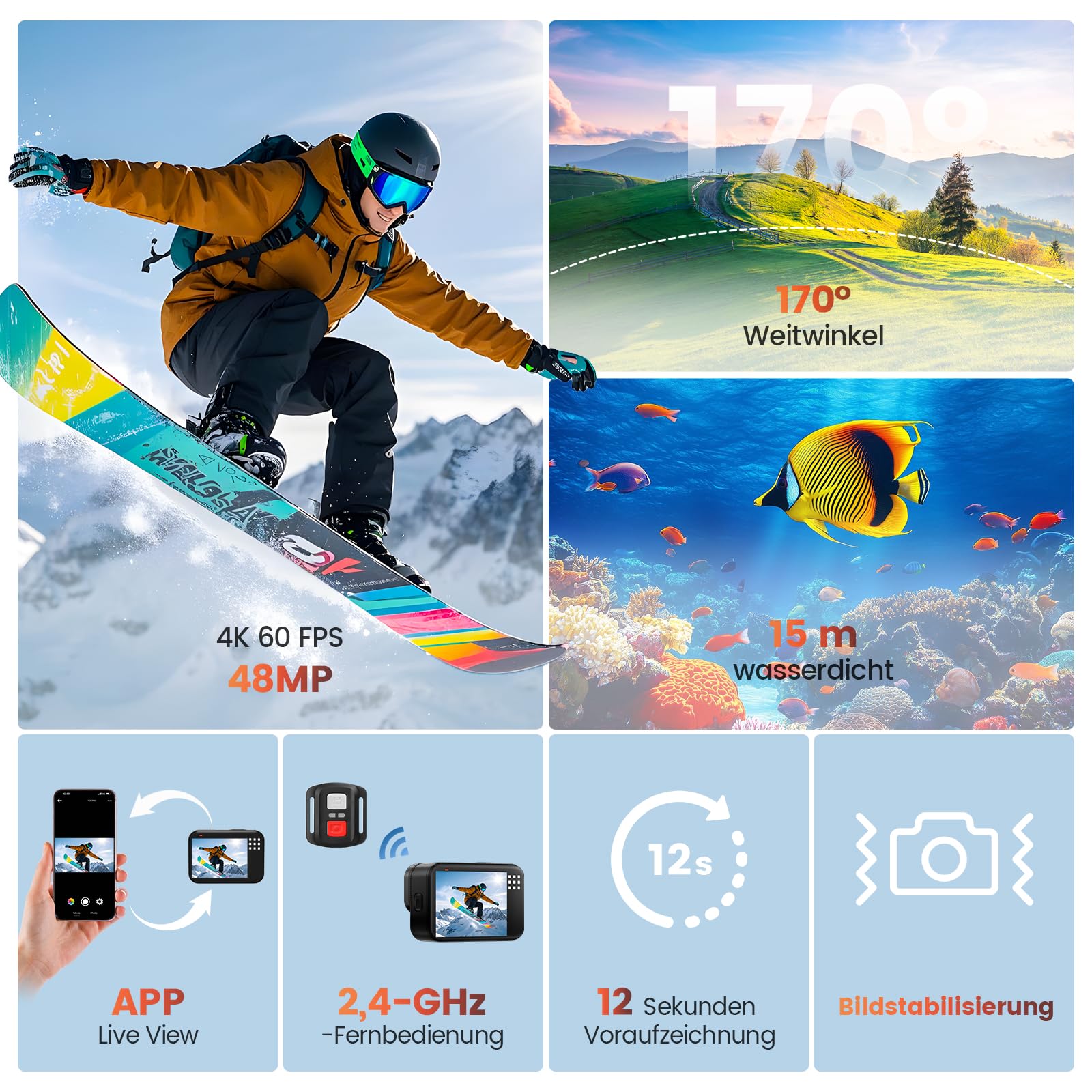 4K 60FPS 48MP Action Cam, 50FT Unterwasserkamera mit Touchscreen, wasserdichte Kamera, EIS Stabilisierung Helmkamera mit 64GB Karte, 8X Zoom 170°Weitwinkel WiFi Action Kamera Akku (64GB)