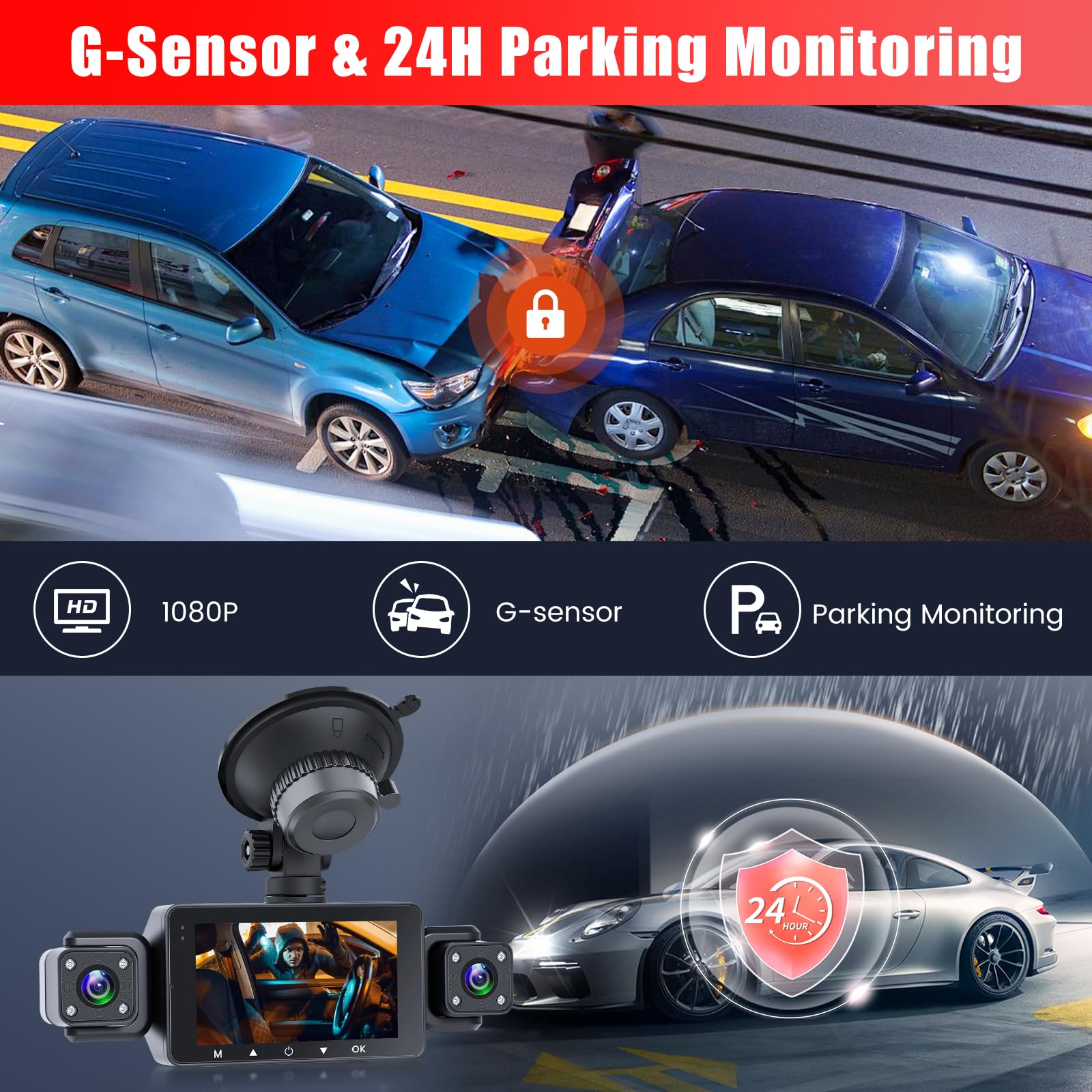 360° Dashcam 4 Canales, Camara para Coche Frontal 1080P, Pantalla IPS 3" | Cámara Vigilancia Coche Con WIFI y APP/Tarjeta SD 64GB/G-Sensor/24H Modo Aparcamiento/Visión Nocturna/Grabación en Bucle