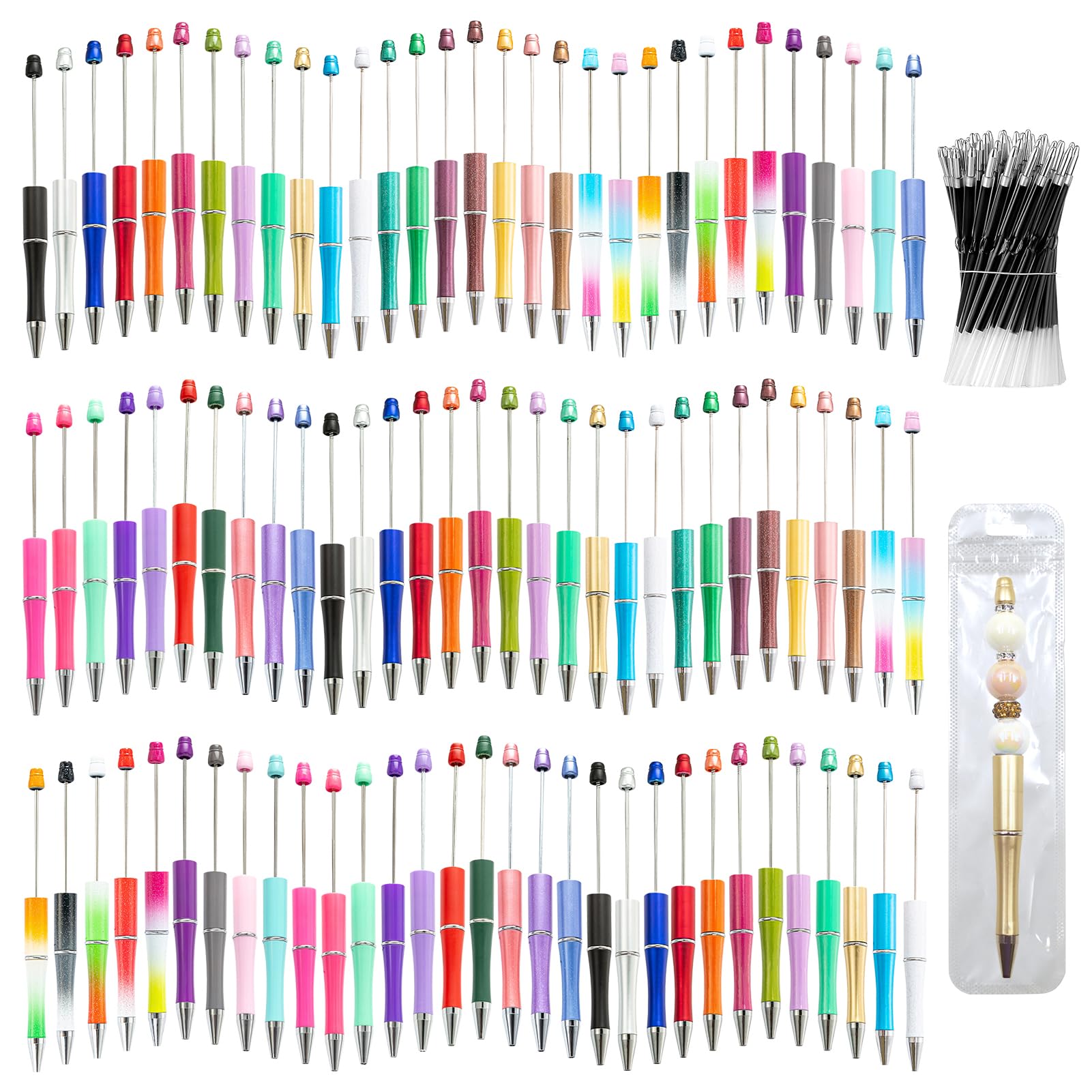 DASTTUIS 450 Pieces Beadable Pens - 150 Plastic Beadable Pens Bulk, Refills & Pen Bags Included - Beaded Pens Kit Cute Ballpoint Pens Black Ink - DIY