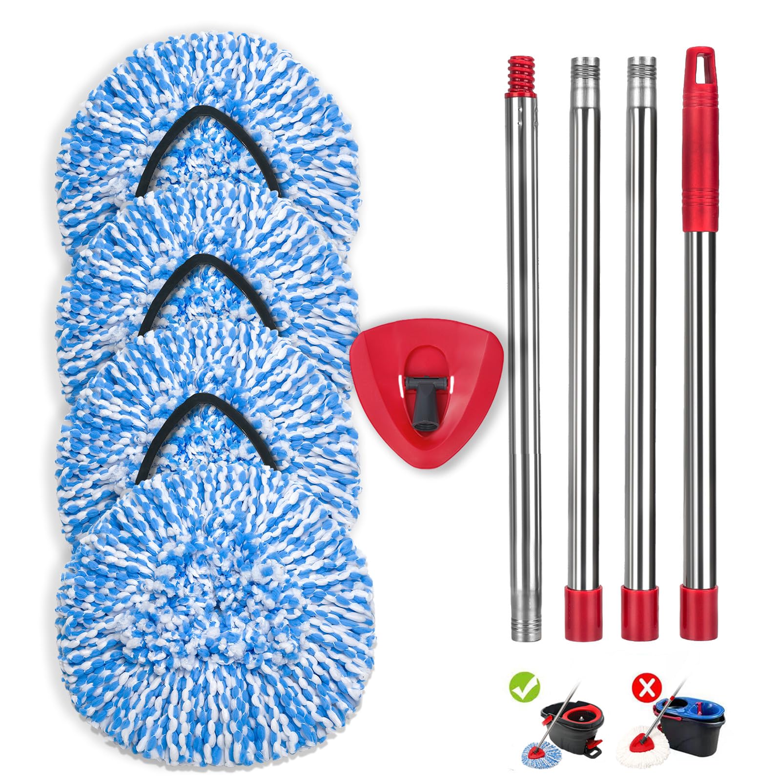 4 Pack Spin Mop Replacement Heads Compatible for O Ceda EasyWring 1-Tank Triangle System, Microfiber Mop Refills for 5.9inch Core,Deep Cleaning, Included Base and Handle