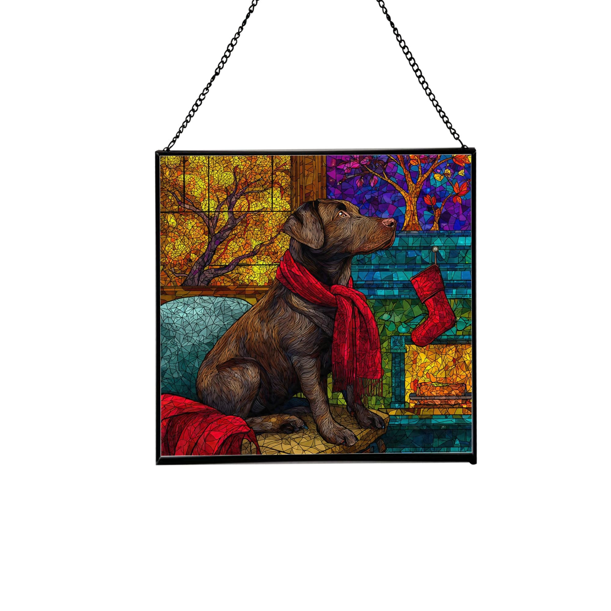 Labrador Retriever Christmas Stained Glass Suncatcher – Square Hanging Holiday Window Panel with Cozy Fireplace Scene – Winter Glass Art Decoration Gift for Animal Lovers, Pet Owners nwNDzA