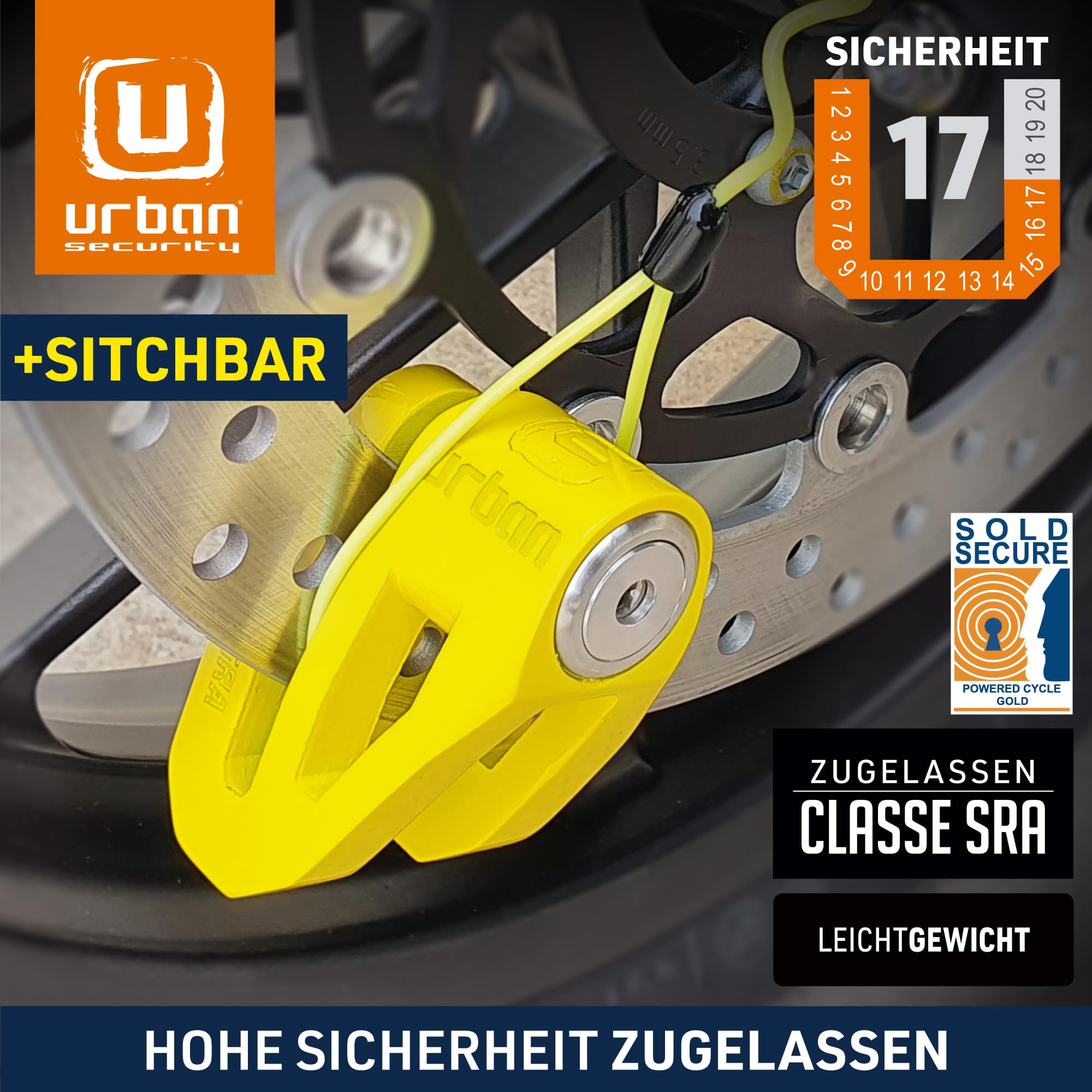 Urban UR210Y Motorradschloss Bremsscheibenschloss, CLASSE SRA-Zugelassen, Gelb Doppelverriegelung Schließbolzen Ø10 + Erinnerungskabel 140cm