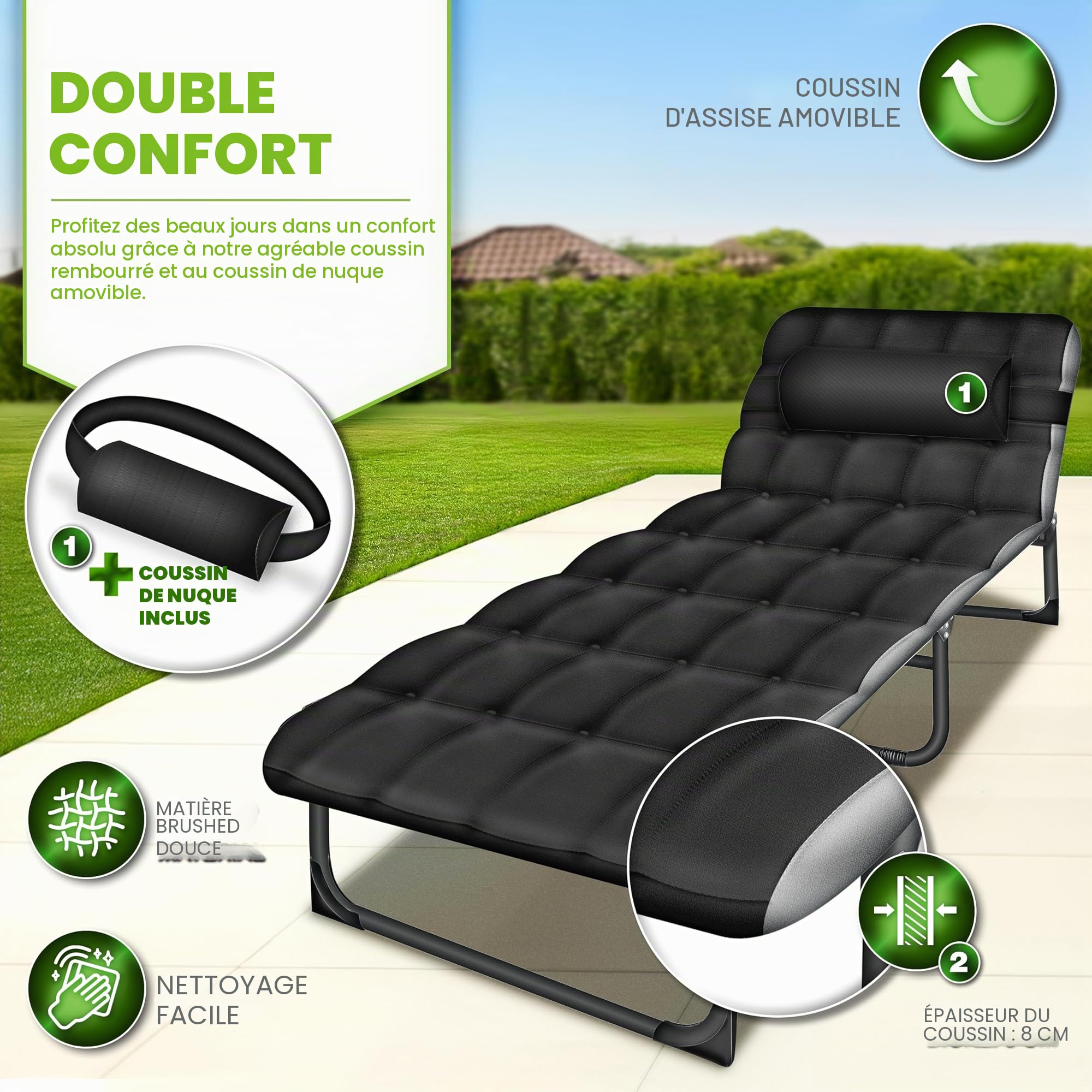 tillvex® Lit de camping pliable avec sac de transport et coussin de nuque - Charge maximale : 280 kg - Chaise longue de camping avec rembourrage - Pour l'extérieur et l'intérieur - Lit d'invité