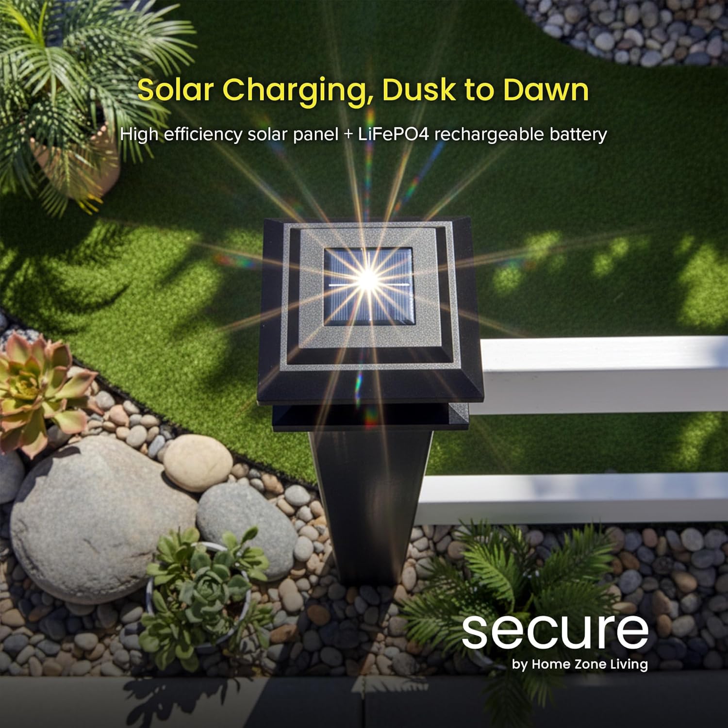 Home Zone Security 4-Pack Crown Style Solar Powered Post Cap Light with LiFePO4 Battery, Dusk to Dawn, 3000K 5000K LED Adjustable Temperature, Fits up to 5.5"x5.5" Post, Black