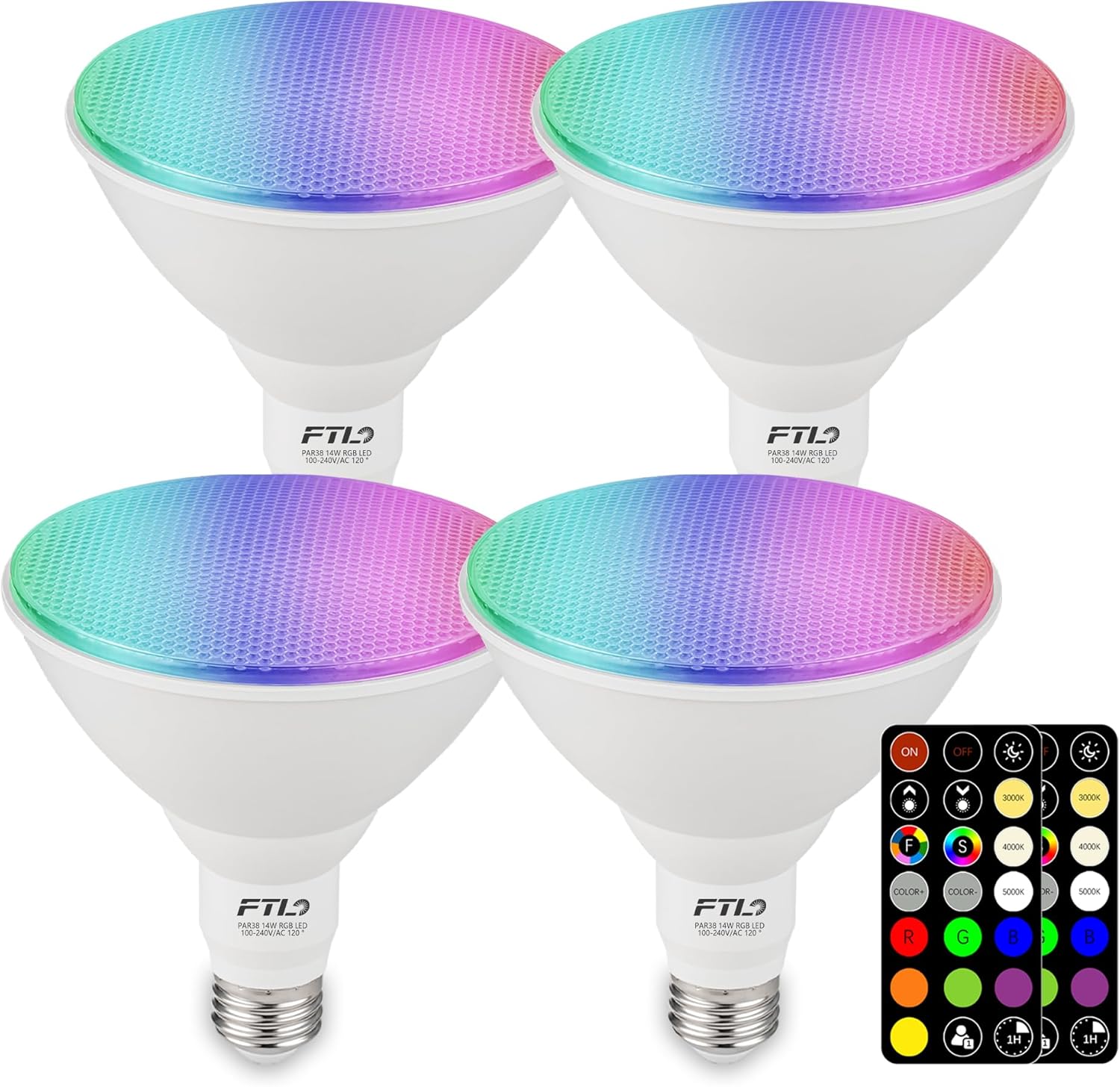 FTL PAR38 LED Color Changing Flood Light Bulb with Remote Control, RGB Dimmable Colored Light Bulbs 14W=100W, 30 Colors, Timer, 2700K-6000K, Outdoor Spotlight Bulbs for Recessed Can Lighting 4-Pack