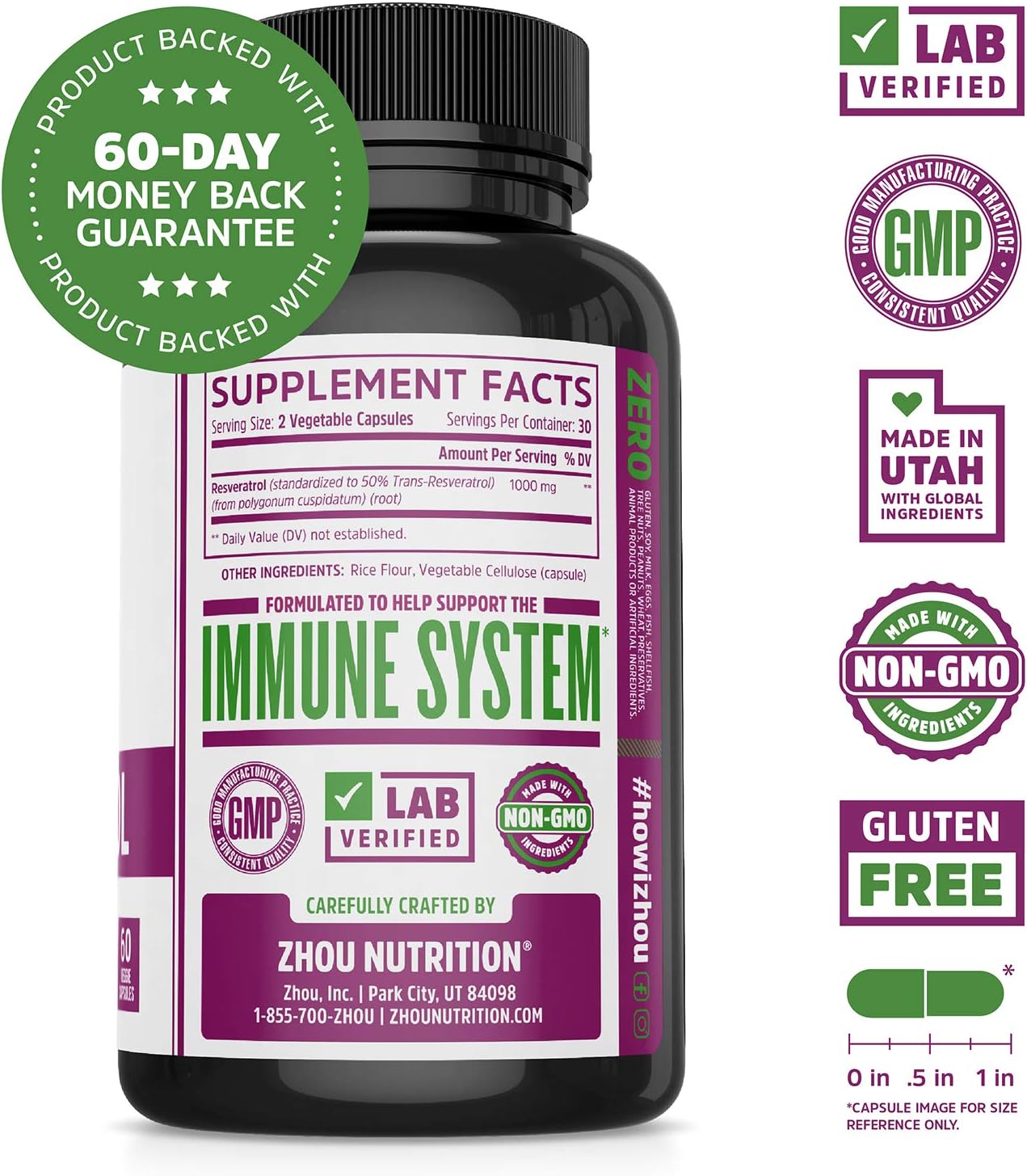 Zhou Resveratrol Supplement | Healthy Aging, Immune System & Heart Health Support | Powerful Antioxidant Benefits | 30 Servings, 60 Veg Caps : Health & Household