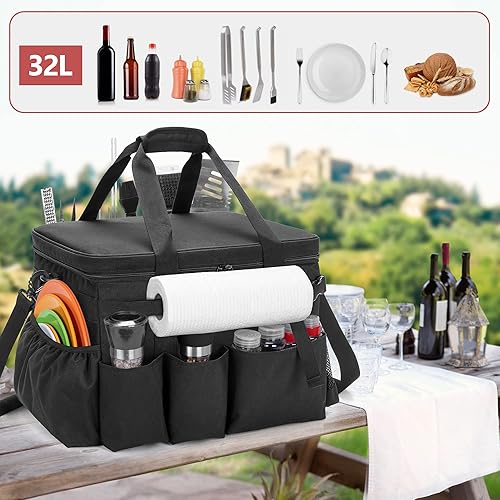 Miniatura 7 de HODRANT Organizador grande para parrilla con tapa organizador de bolsas de barbacoa y picnic con soporte para toallas de papel cesta de accesorios