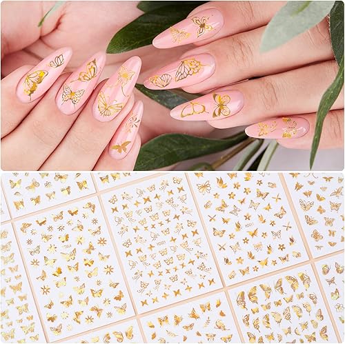 Miniatura 5 de HINZIC 20 hojas de calcomanías autoadhesivas de mariposas láser diseño de uñas de lámina dorada suministros de arte de uñas calcomanías para