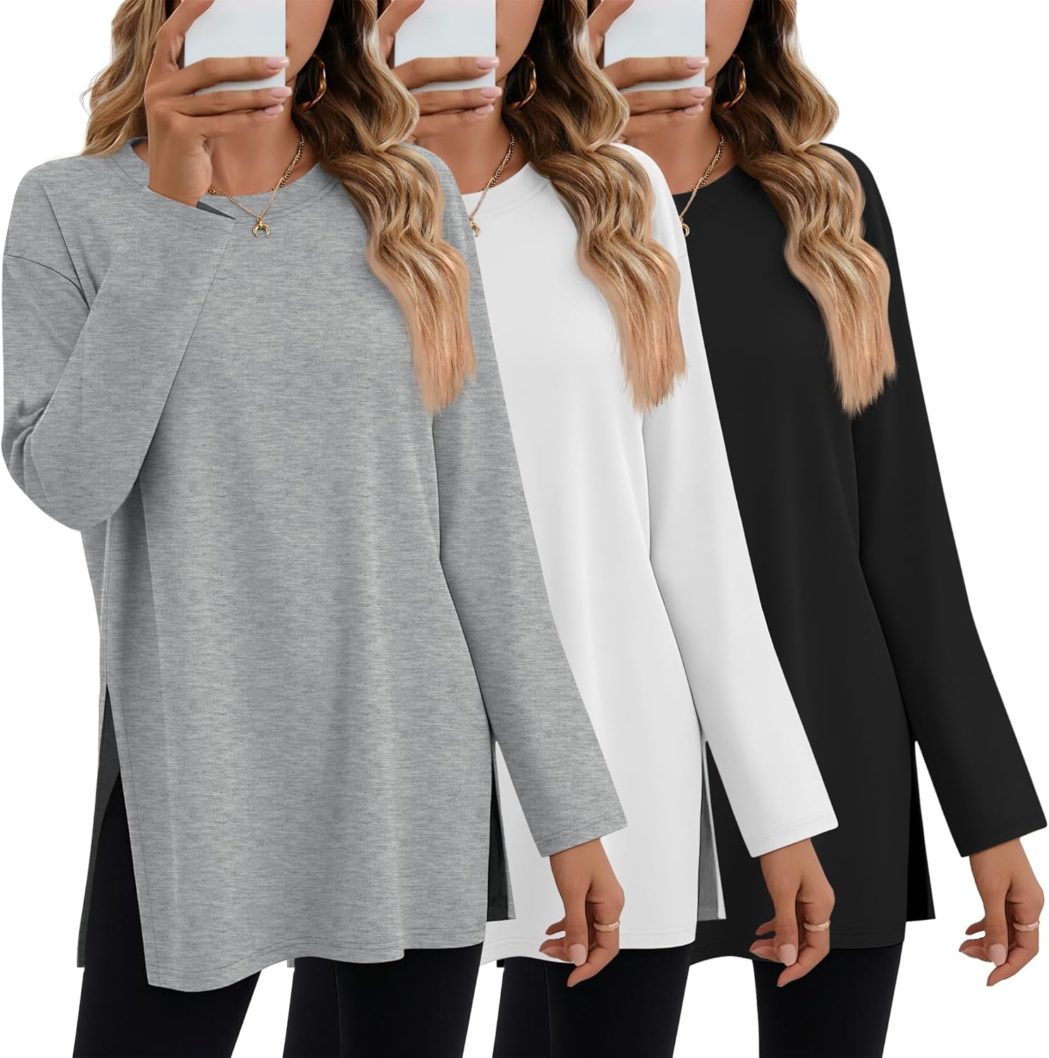 Huukeay 3 Pack Oversized Long Sleeve Shirts for Women Cotton Workout Side Split Gym Crewneck Tops Loose Basic Tee Winter