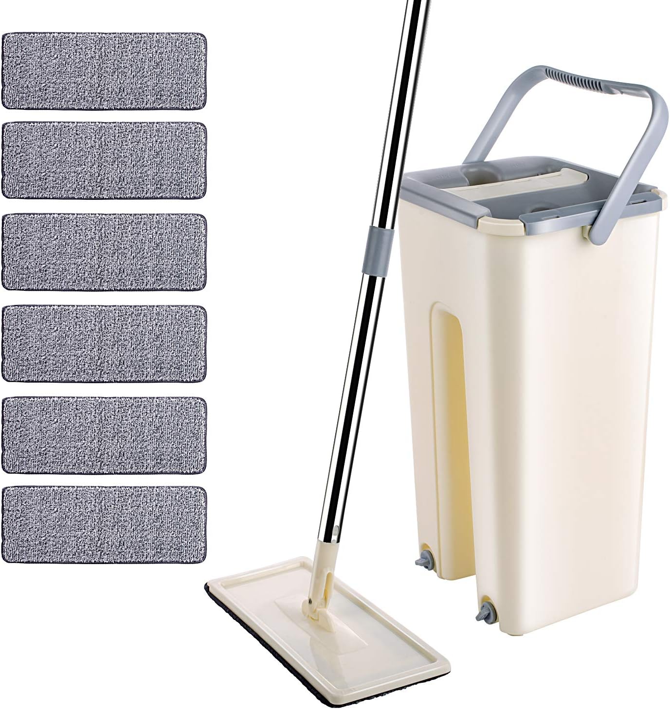 Rexyuptzz Microfiber Flat Mop with Bucket, Cleaning Squeeze Hand Free Floor Mop, 6 Reusable Mop Pads, Stainless Steel Handle for Floor and Kichen Cleaning