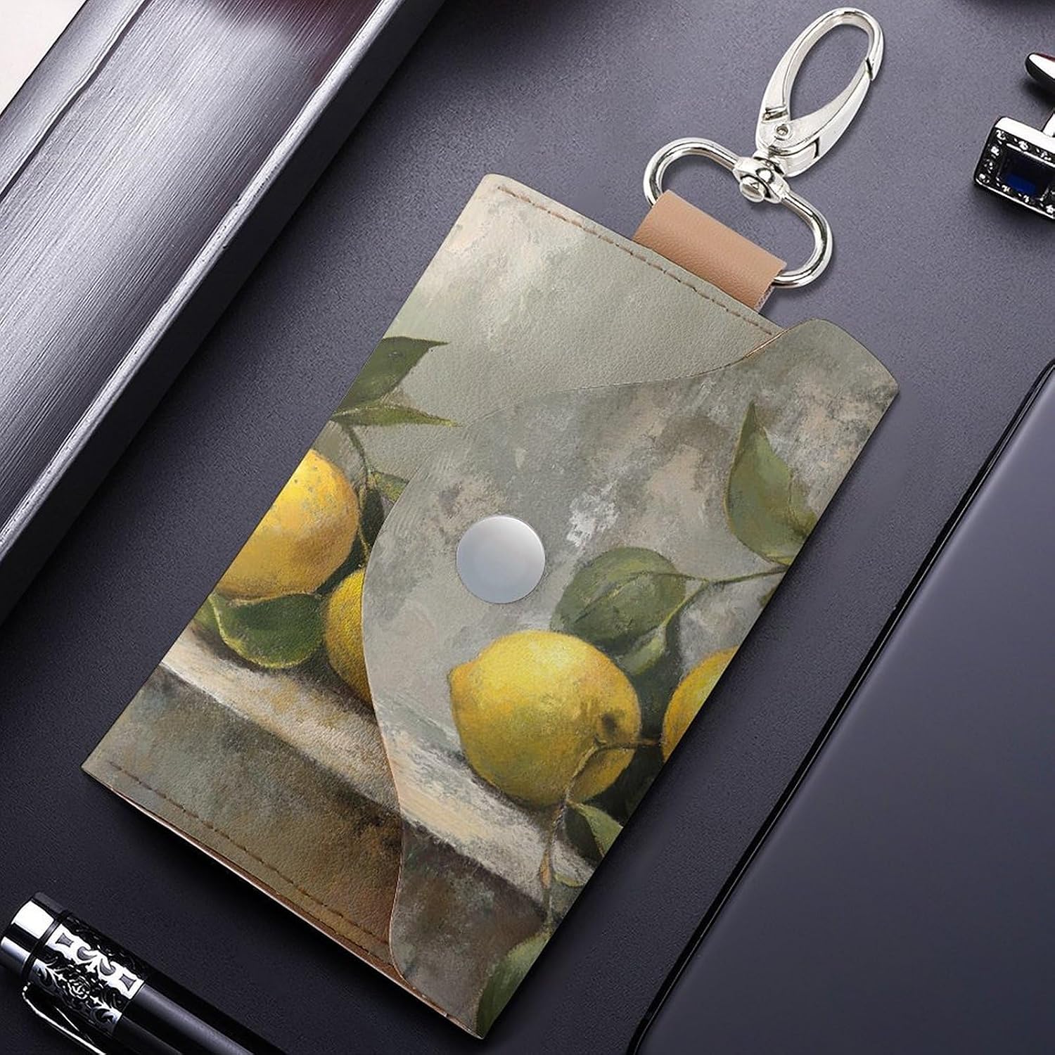 still Life of Lemons Rustic Key Holder Bag PU Leather ID Card Holder Keychains Case Cover for Men Women