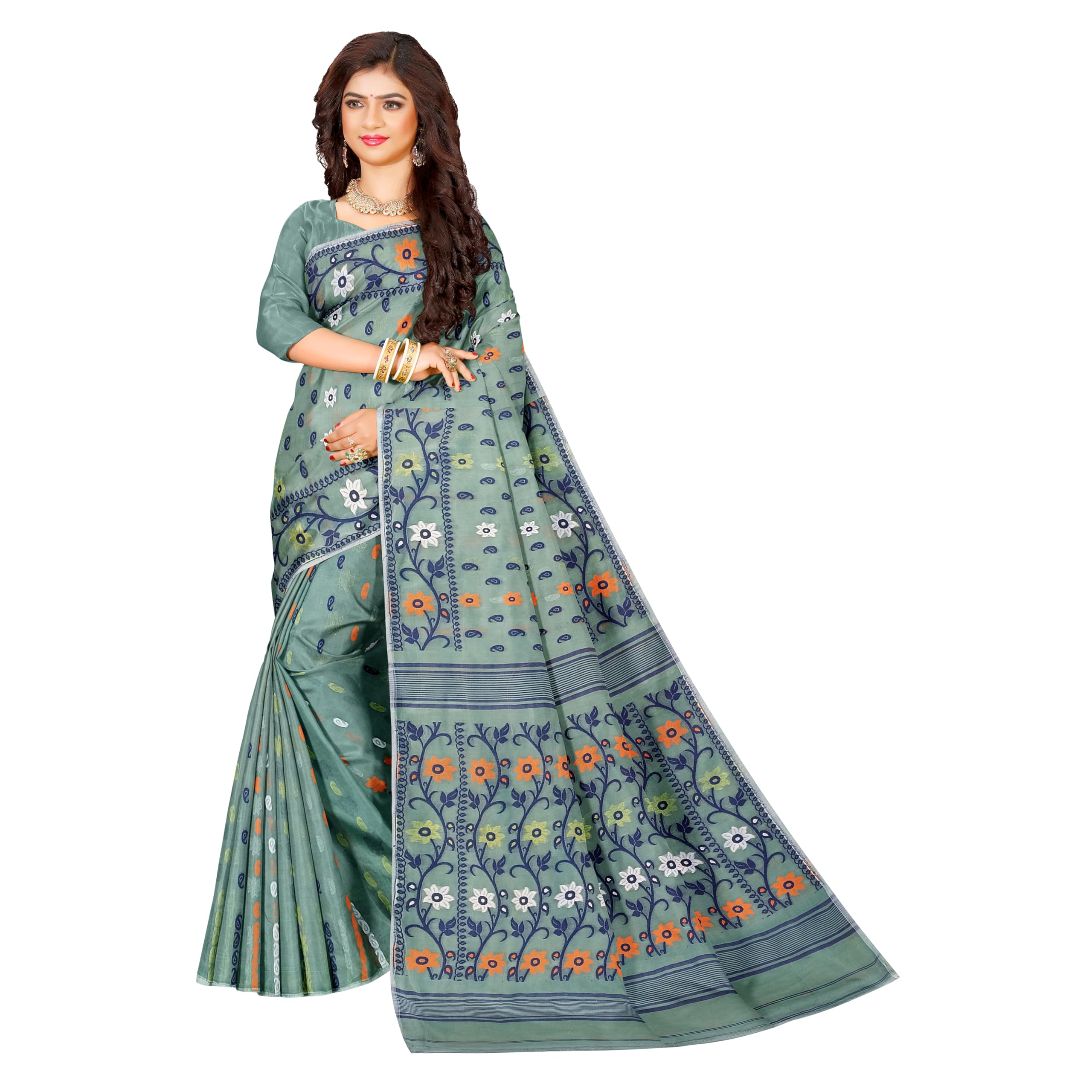 Mayabi Women’s Soft Dhakai Jamdani Cotton Silk Saree with Blouse Piece (0.8m Separate) | Traditional Light Weight Bengali Tant Floral Weave-picture-37
