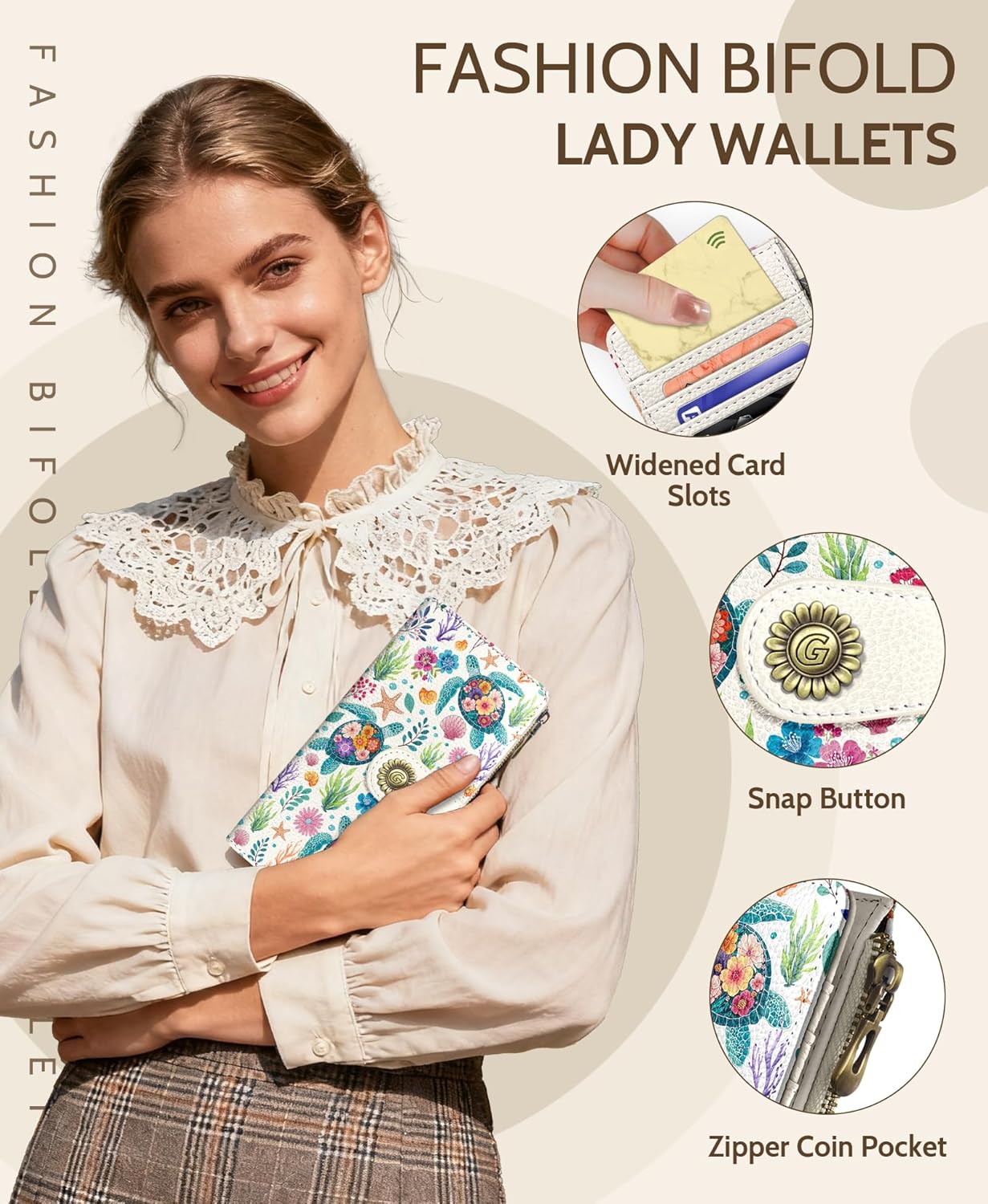 GIANCOMICS Sea Turtle Womens Wallet RFID Blocking, Credit Card Holder Bifold, PU Leather Travel Billfold, Long Cute Cash Purse, Zipper Coin Pocket Clutch, 1 ID Window, 11 Card Slot, Ladies Gift Woman - Image 6