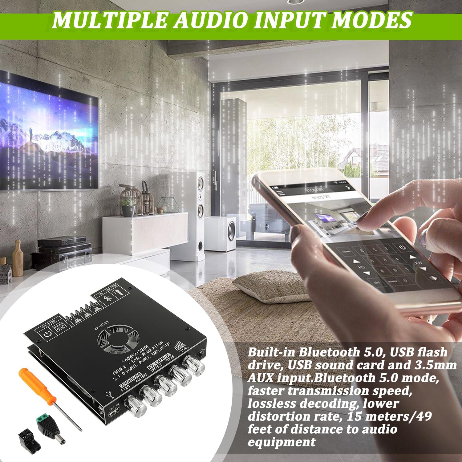 ZK-HT21 Bluetooth Amplifier Board 160W*2+220W with Treble and Bass Control 2.1 Channe Subwoofer Stereo Power Amplifier Module TDA7498E HiFi Chips BT and AUX Inputs for DIY Home Speakers