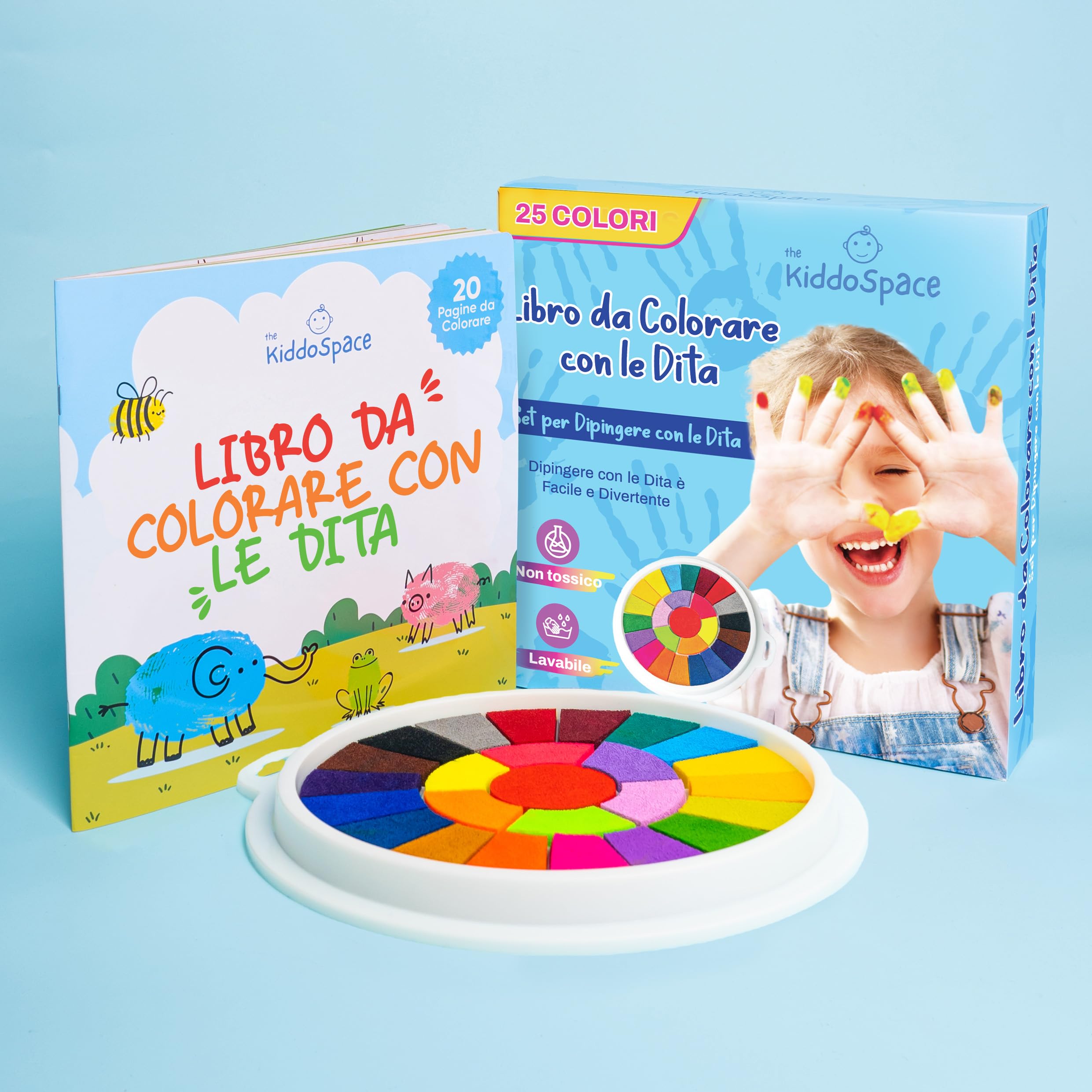 KiddoSpace Kit de pintura para dedos para niños pequeños - Juego de 25 colores, lavable, no tóxico, con libro de arte apto para niños pequeños - Pintura para dedos lavable para niños - Pintura para