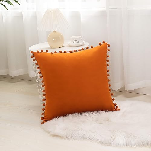 Miniatura 2 de Elegant Comfort POM-POMS - Juego de 2 fundas de cojín de terciopelo con flecos, suaves, lisas, decorativas, cuadradas, para sofá y cama, sala de