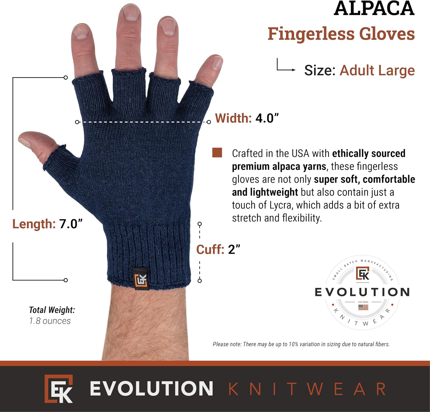 Evolution Knitwear Alpaca Knit Fingerless Gloves - Made in the USA - Super Soft Baby Alpaca - Large