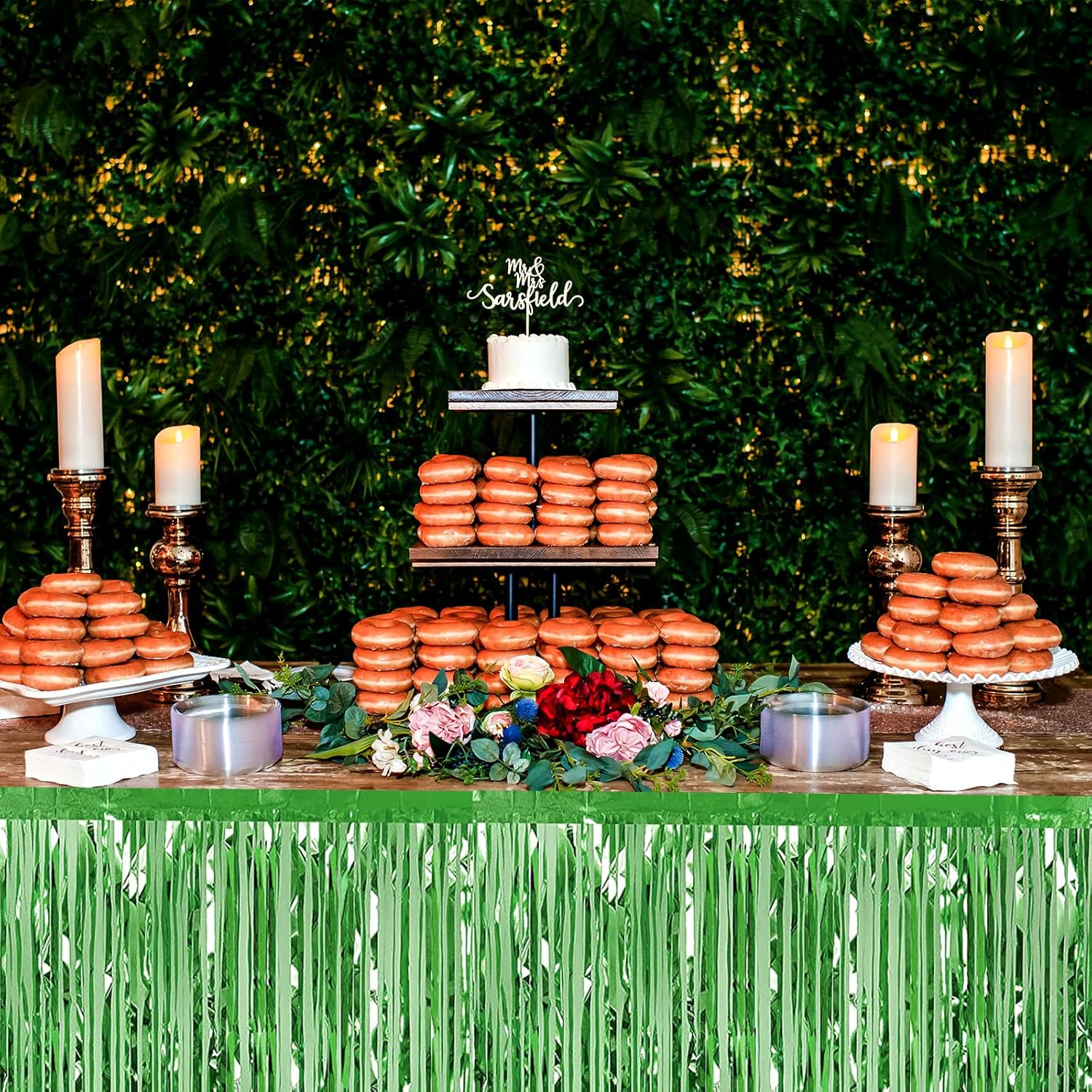 6 Pack 29x108 Inch Light Green Metallic Foil Fringe Table Skirts Banner for Tinsel Streamer Garland Curtains Backdrop for Parade Floats Baby Shower Birthday Christmas Halloween Party Decoration