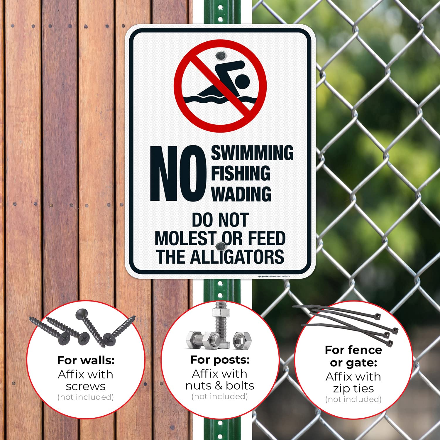 No Swimming Fishing Wading Do Not Molest Or Feed The Alligators Sign, 18x24 Inches, 3M EGP Reflective .080 Aluminum, Fade Resistant, Made in USA