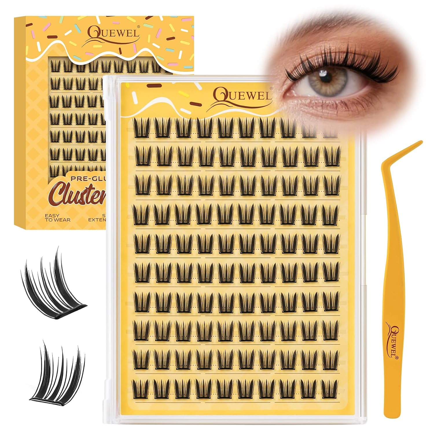 QUEWEL Self Adhesive Eyelashes, Pre Glued Eyelashes Clusters 100Pcs Manga Lashes No Glue Needed,D Curl Pre Glued Lashes With Tweezers for Cute Makeup ooks, Easy And Quick To Wear(ZZBP05)