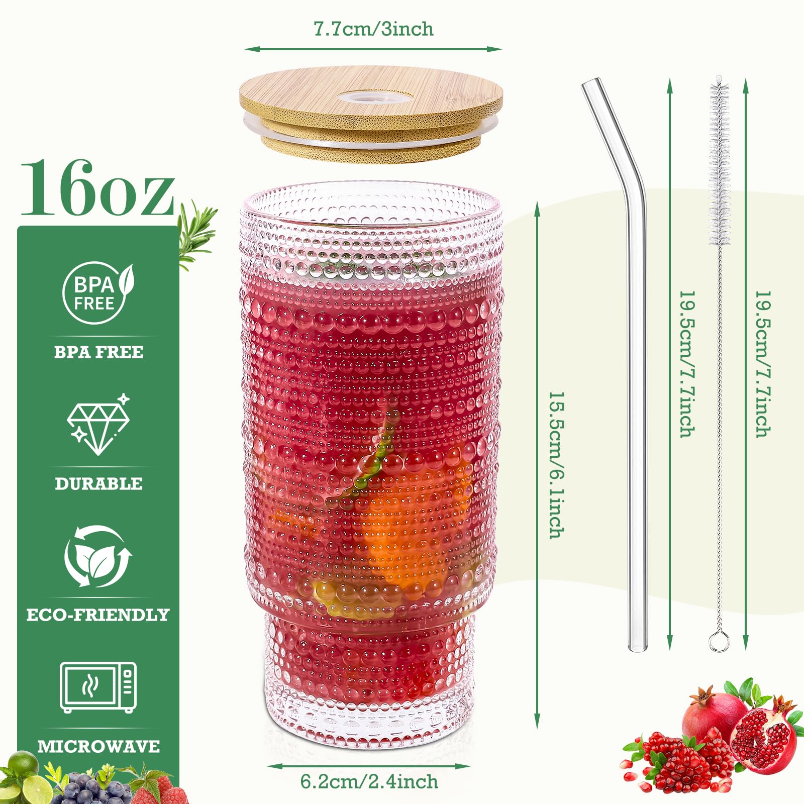 CWHHRN Juego de 4 vasos de vidrio con tapas de bambú y pajitas de vidrio, cristalería vintage de 16 onzas para whisky, cóctel, cerveza, café helado para bonitos regalos (juego de 4)