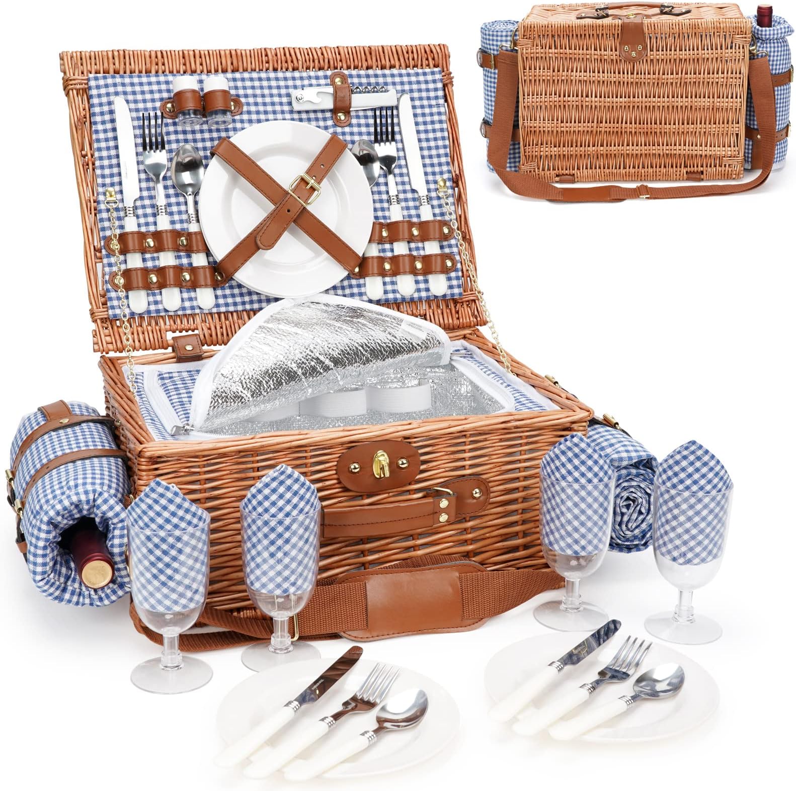Rorland Rustic Wicker Picnic Basket Set for 4 Large
