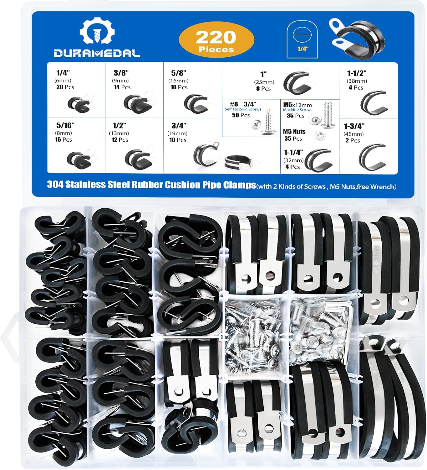 Kit surtido de 221 abrazaderas de cable de acero inoxidable 304 abrazaderas de tubo de goma de 10 tamaños de 14 a 1-34 pulgadas con aislamiento de