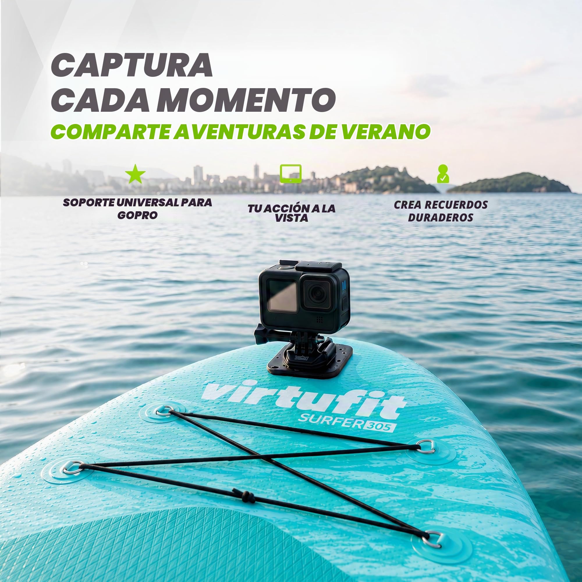 VirtuFit SUP Board Surfer 305 - Tabla de surf hinchable con vela de windsurf - Stand Up Paddle Board negro, incluye accesorios, remo, bomba, bolsa de transporte, soporte para GoPro, principiantes