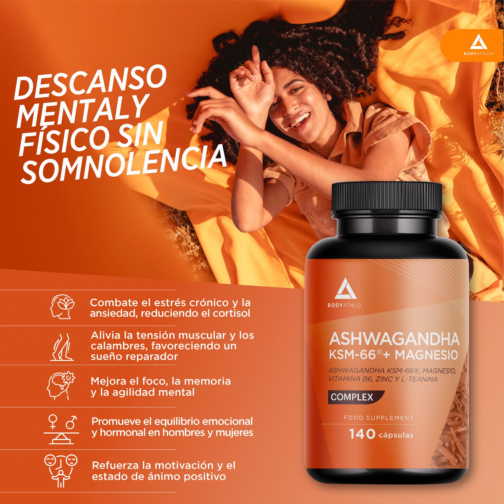 Ashwagandha KSM66 + Magnesio Bisglicinato + L-Teanina | Menos Estrés, Ansiedad| Más Descanso, Bienestar Mental y Físico |100% Raíz+ 5% Withanolidos+ Vitamina B6+ Zinc - Vegano- Sin Gluten| Bodyathlon