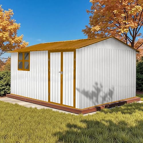12' x 10' XL Outdoor Storage Shed, Sturdy Metal Building w/Windows & Lockable Doors for Garden, Backyard, Poolside and Lawn, Yellow
