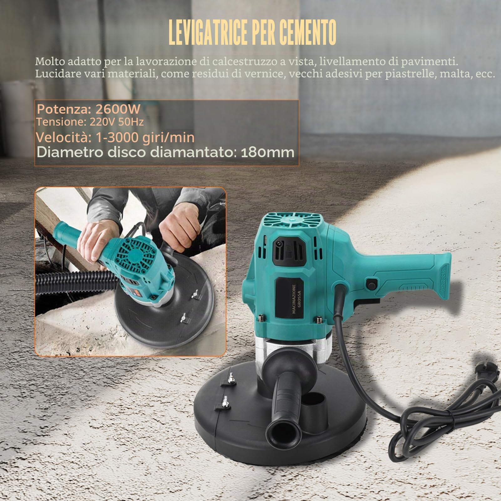 Smerigliatrice per cemento e calcestruzzo, 2600 W, 3000 giri/min, fresatrice e fresa per calcestruzzo, 180 mm, per lucidatura di pareti in cemento