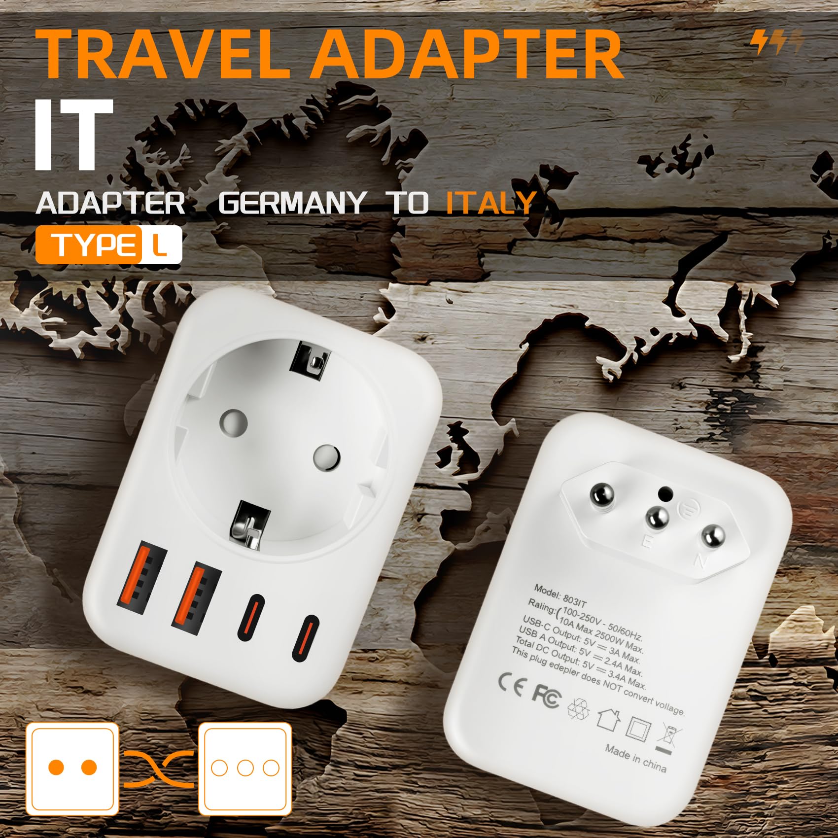 Adaptateur Prise Italien avec 1 Prise CA, 2 Ports USB-A et 2 Ports USB-C (3,4 A) Adaptateur de Prise de Voyage de Type L FR vers IT pour l'Uruguay, Le Chili, l'Éthiopie, l'Italie, la Libye, la Syrie