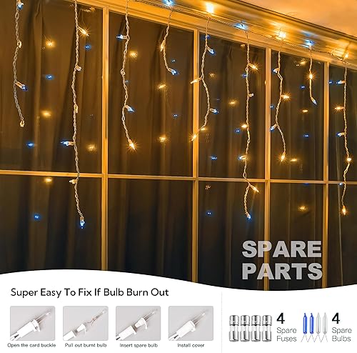 Miniatura 5 de 200 luces de Navidad de carámbano azul y transparente, bombilla incandescente de alambre blanco de 23 pies, luces de carámbano de Navidad, tira de