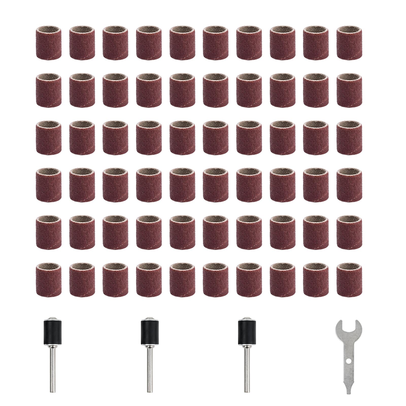 Sanding Drum Set for Rotary Tools, 60Pcs 120# Grit Mideum Sanding Sleeves, 3Pcs 1/8" Sanding Drums, and 1 Wrench, Perfect for Woodworking, DIY Crafts