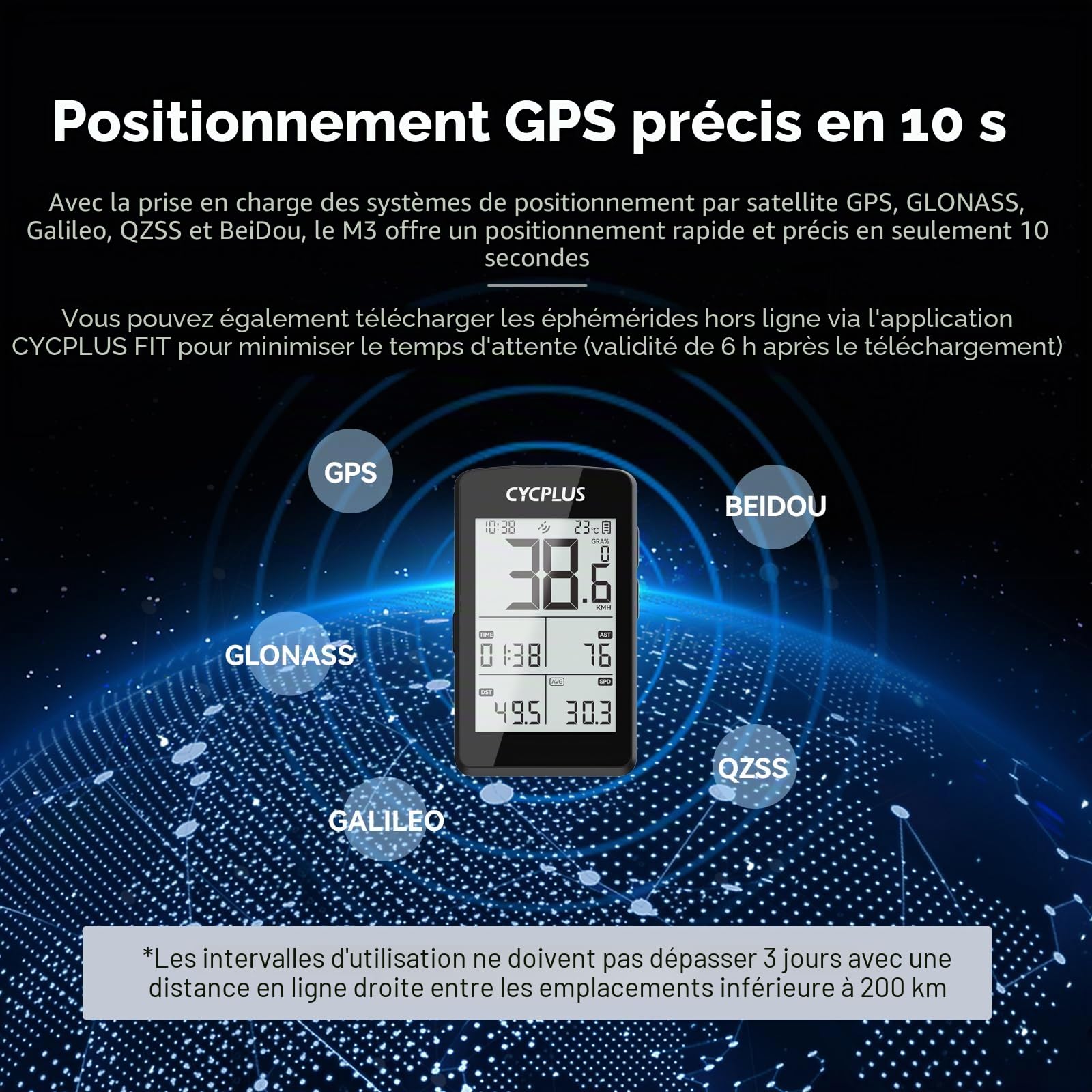 CYCPLUS ANT+ Ordinateur de vélo GPS avec Bluetooth 5.0, écran LCD de 2,8", compteur de vitesse avec plus de 100 heures d'autonomie et rétroéclairage automatique, étanchéité IP67