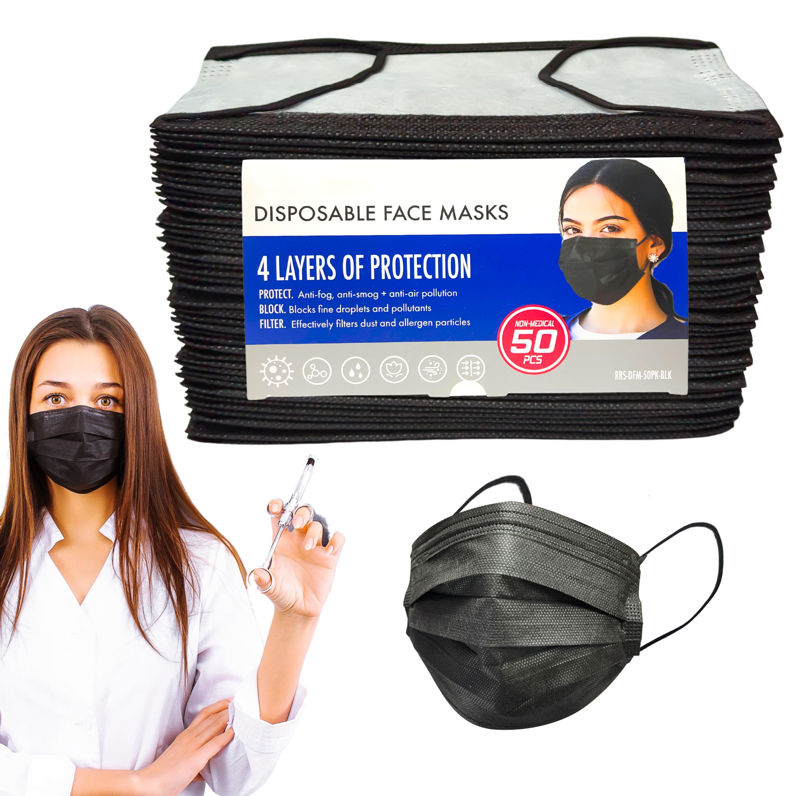 A-Trend Deals 50 Pcs Black Disposable 4 Layers Face Masks, Non-medical, Extra Layer Protection Face Masks for Adult, Teenager, Seniors
