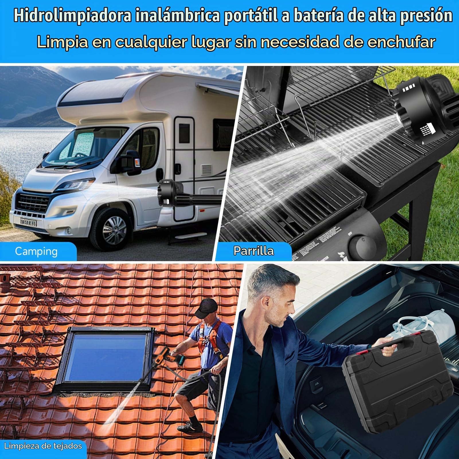 Hidrolimpiadora de Bateria, 3000W Hidrolimpiadora de Alta Presión Portátil, 120Bar/1750 PSI Pistola Agua Presion Bateria, Boquilla Ajustable6 En 1 con 2 Baterías de 21V 3000mAh Adecuado para Varios