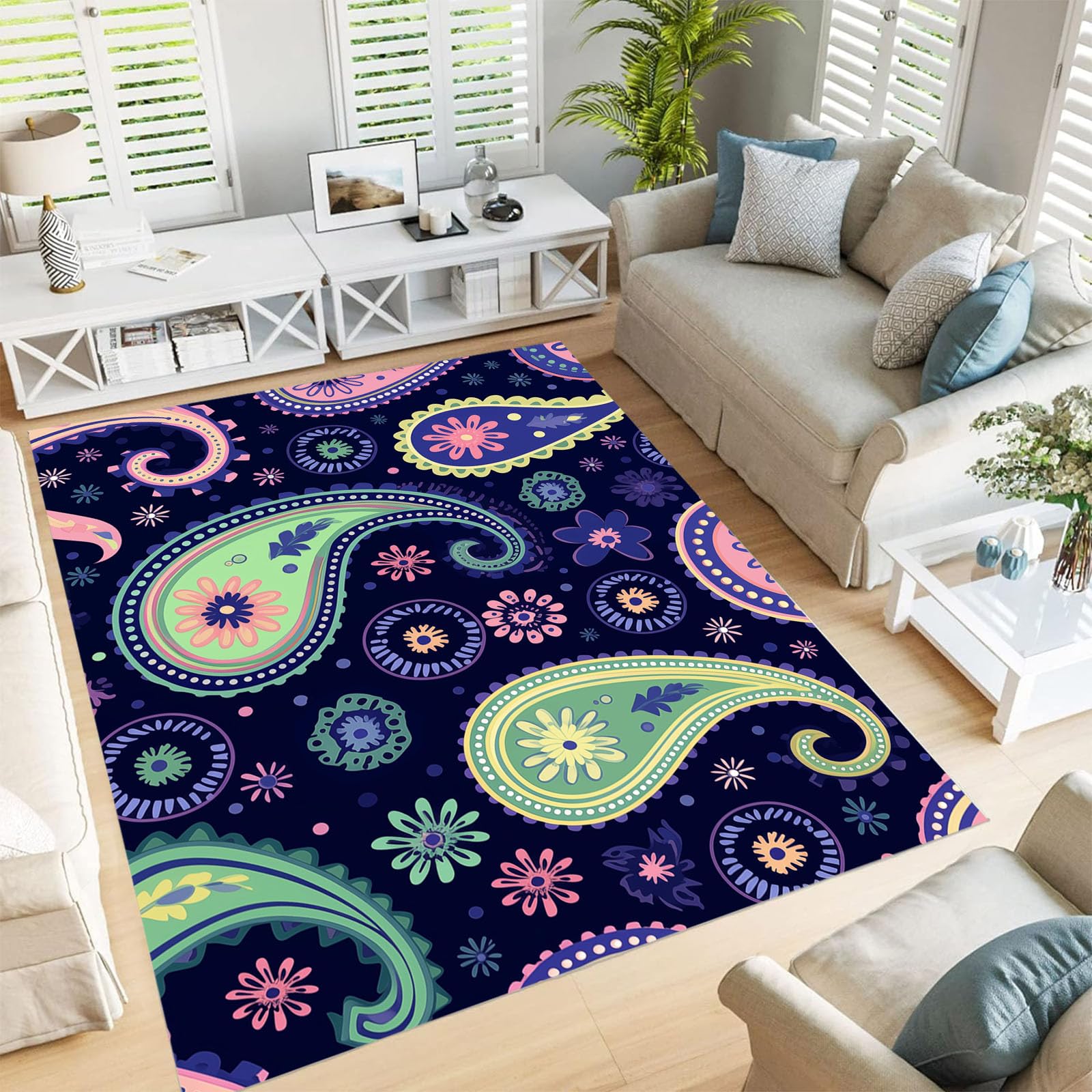 Tapis cachemire vintage pour salon et dortoir au motif ethnique bleu