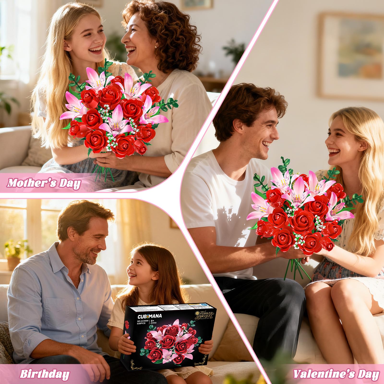 CUBIMANA Blumenstrauß Bausatz mit LED, 22 Rosen Sechsblättrige Blumen Set, 539 Teile Pflanzen Botanik Kollektion für Home Deko, Valentinstag Geburtstag Geschenk für Erwachsene/Frauen/Mama/Kinder 8+