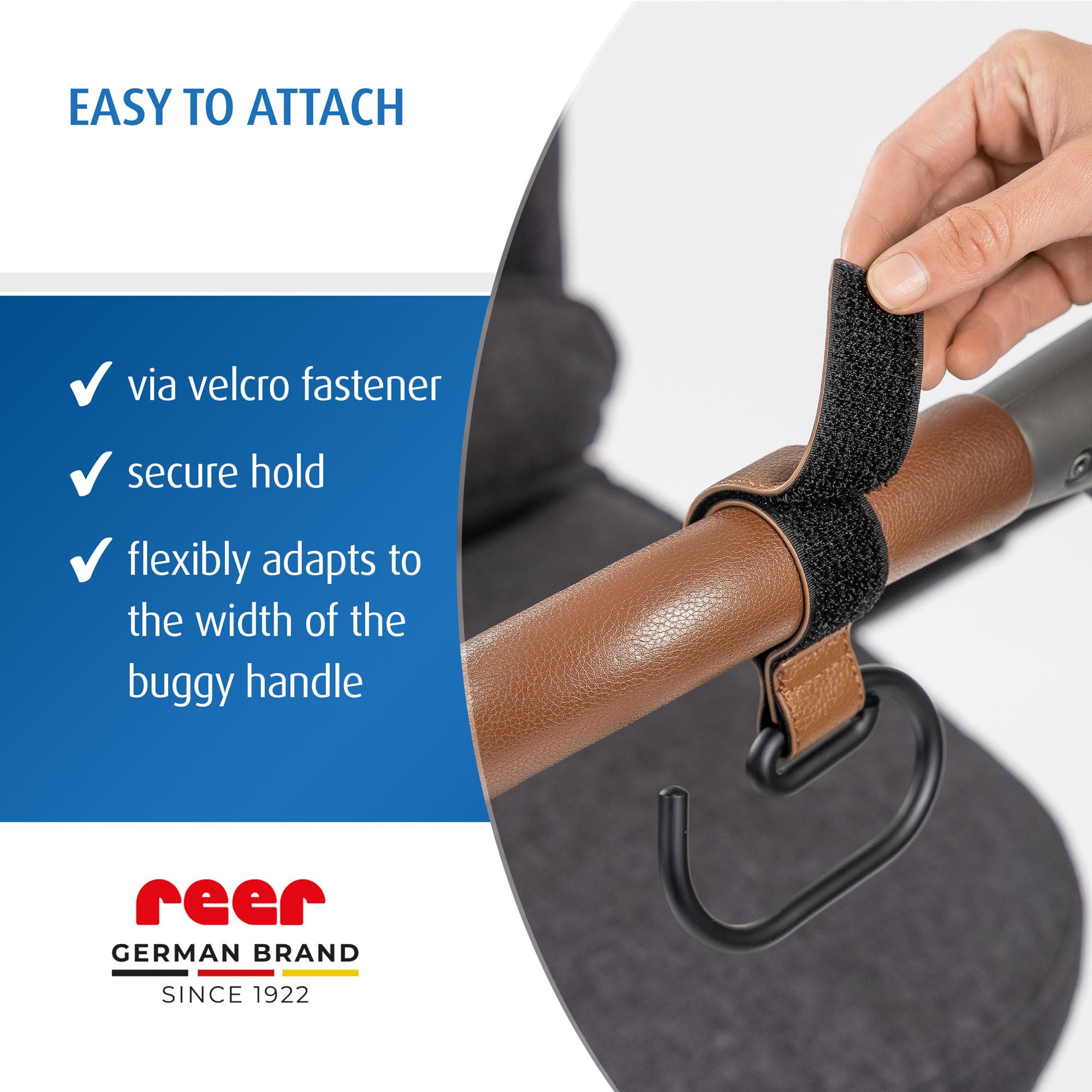 reer CarryHook haczyki do wózka dziecięcego, 2 sztuki, uniwersalne haczyki na torby na pieluchy i torby na zakupy, mocowanie na rzepy, akcesoria do wózków dziecięcych, brązowo-czarne