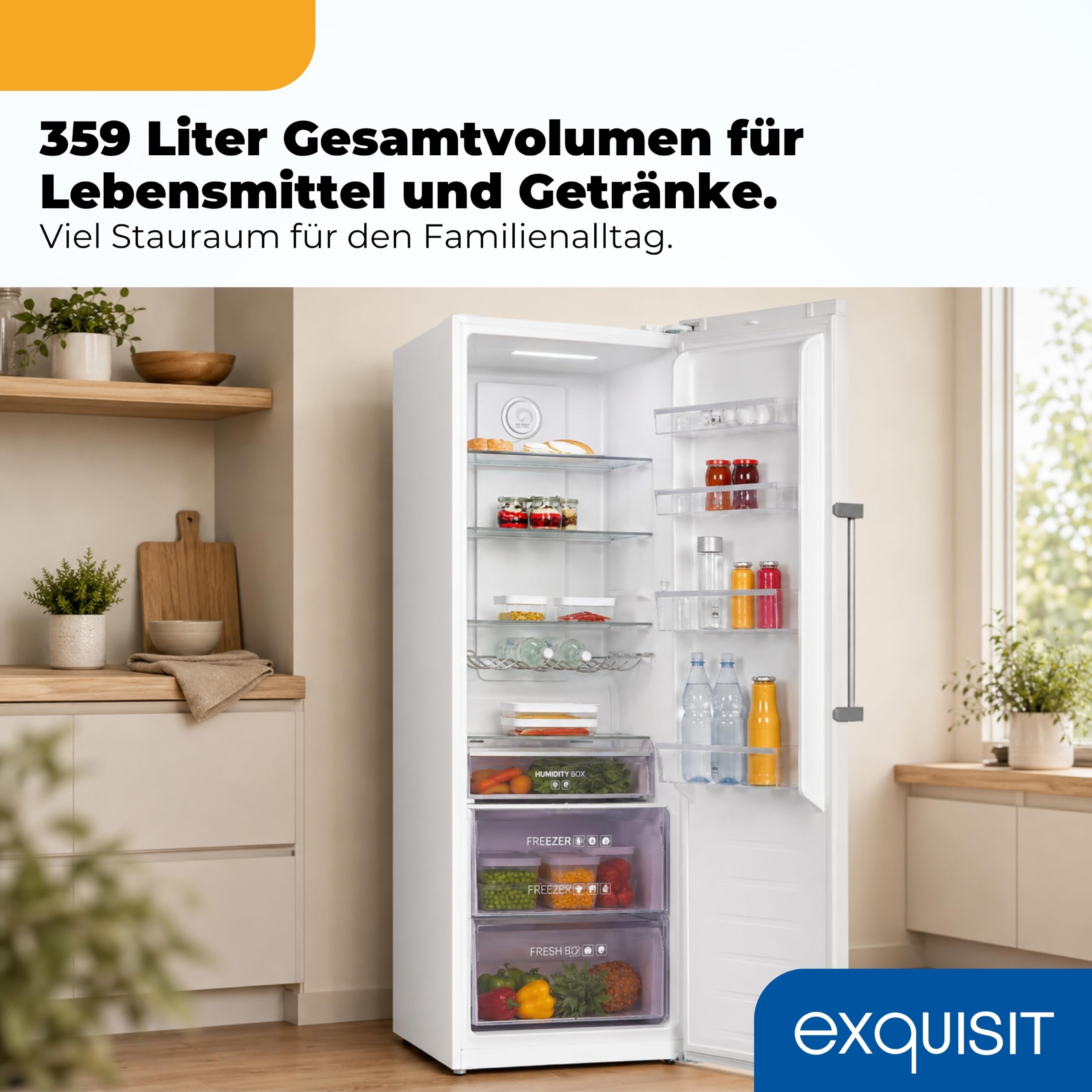 Exquisit Vollraumkühlschrank 359 l | No Frost | Energieklasse C | 39 dB | Super-Kühlen | Digitale Temperaturanzeige | Frischefach | Feuchtigkeitskontrolle | LED-Beleuchtung | Weiß